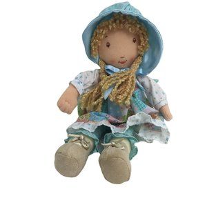 Learning Curve Plush Holly Hobbie Doll Rattle 12" Blue Patchwork Dress Blonde